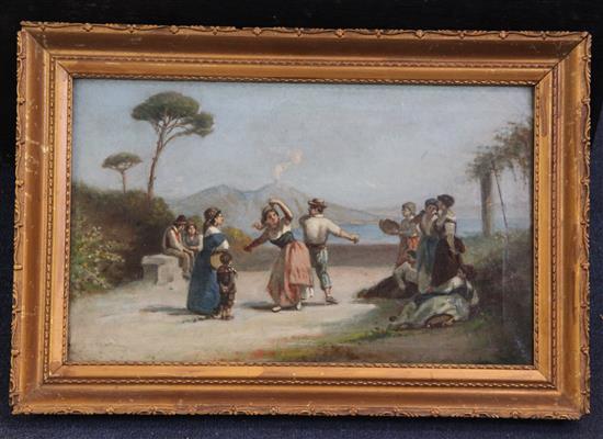 Late 19th century Neapolitan School Figures dancing and fisherfolk overlooking the Bay of Naples 9 x 15in.